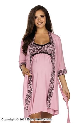 Maternity robe, lace trim, 3/4 length sleeves, flowers